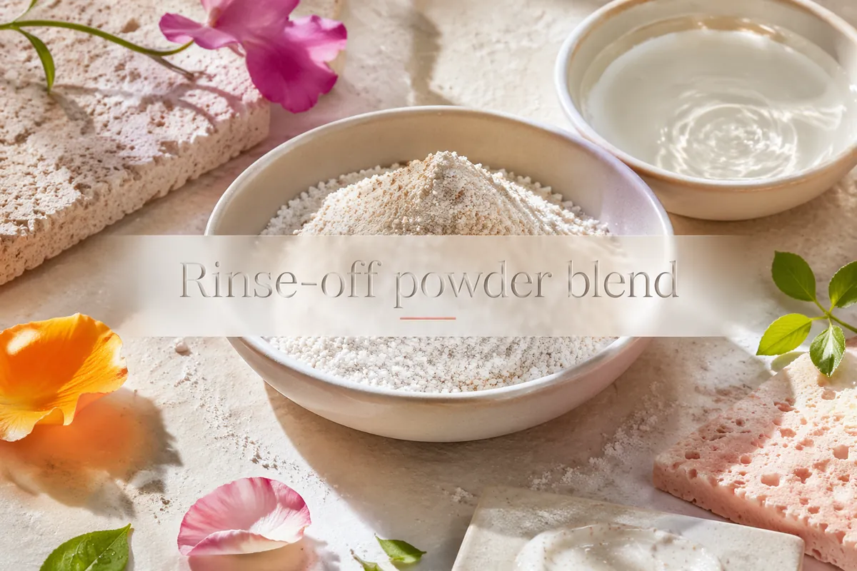 Bowl of rinse-off enzyme exfoliating powder blend next to a dish of water for activation